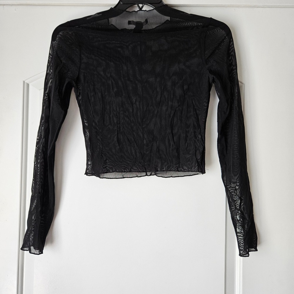 Long‎ Sleeve Cropped Mesh Shirt Womens Medium Black Mesh Cyber Goth Forever 21
